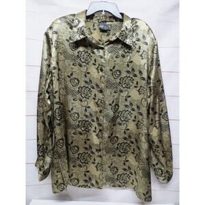 Notations Plus Size 2x 90s Y2K Gold Black Floral Satin Blouse Top